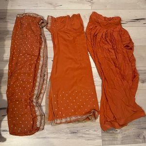 Women’s Indian 3 Piece Orange with Gold Silk Sequin Top & Pants w Matching Wrap-